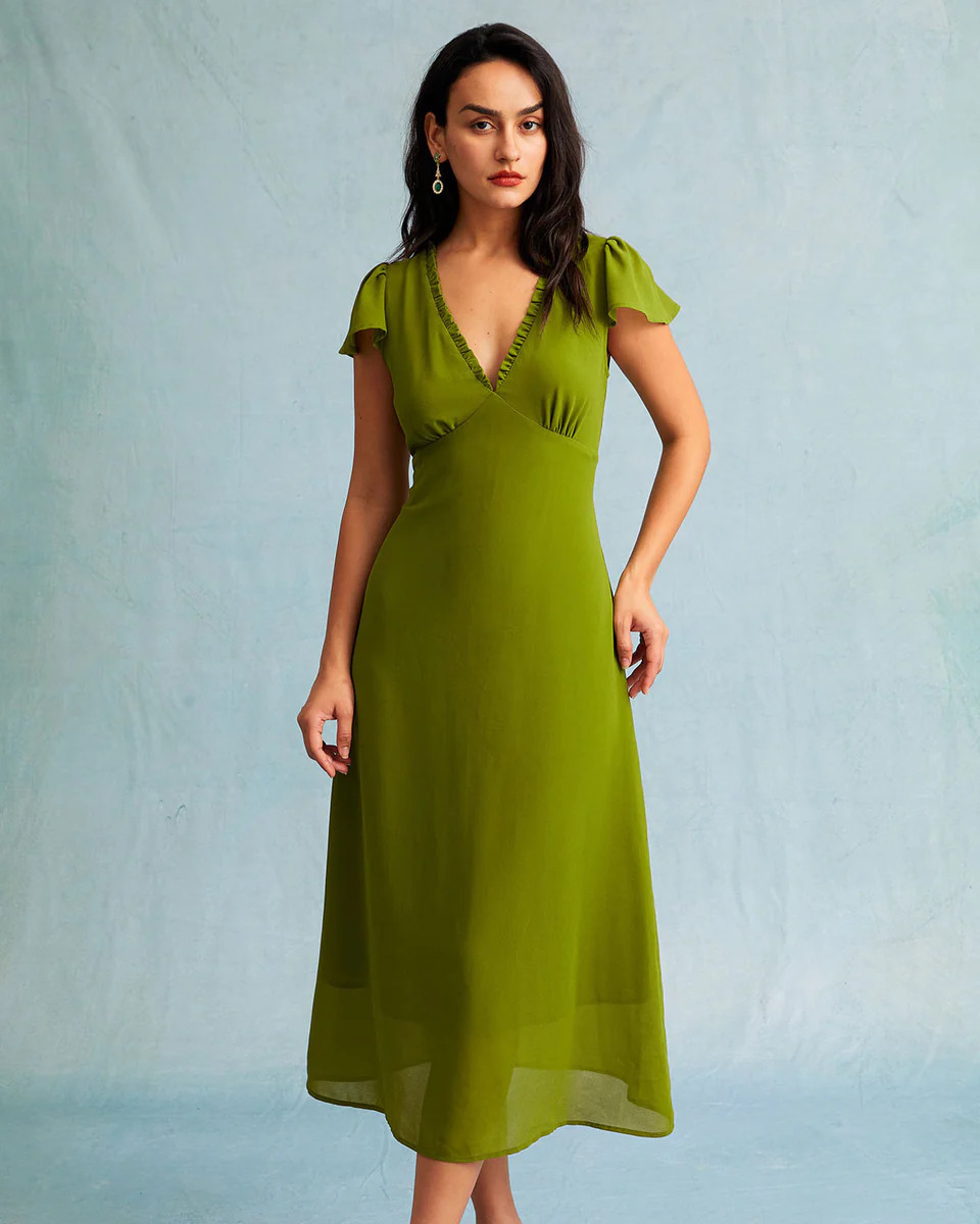 The Green Ruched Trim Poet Sleeve Midi Dress | rihoas.com