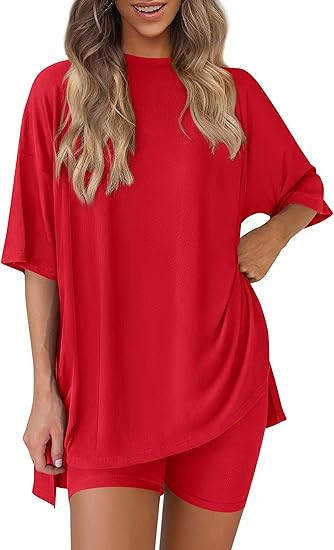PRETTYGARDEN Women 2 Piece Lounge Set 2026 Summer Casual Oversized Shirts Biker Shorts Matching A... | Amazon (US)