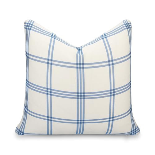 Crumbs Home California Casual Coastal Indoor Outdoor Throw Pillow Cover, 22"x22" Water Repellent for Patio, Backyard, Couch, Poolside, Azure Light Blue Print Plaid | Amazon (US)