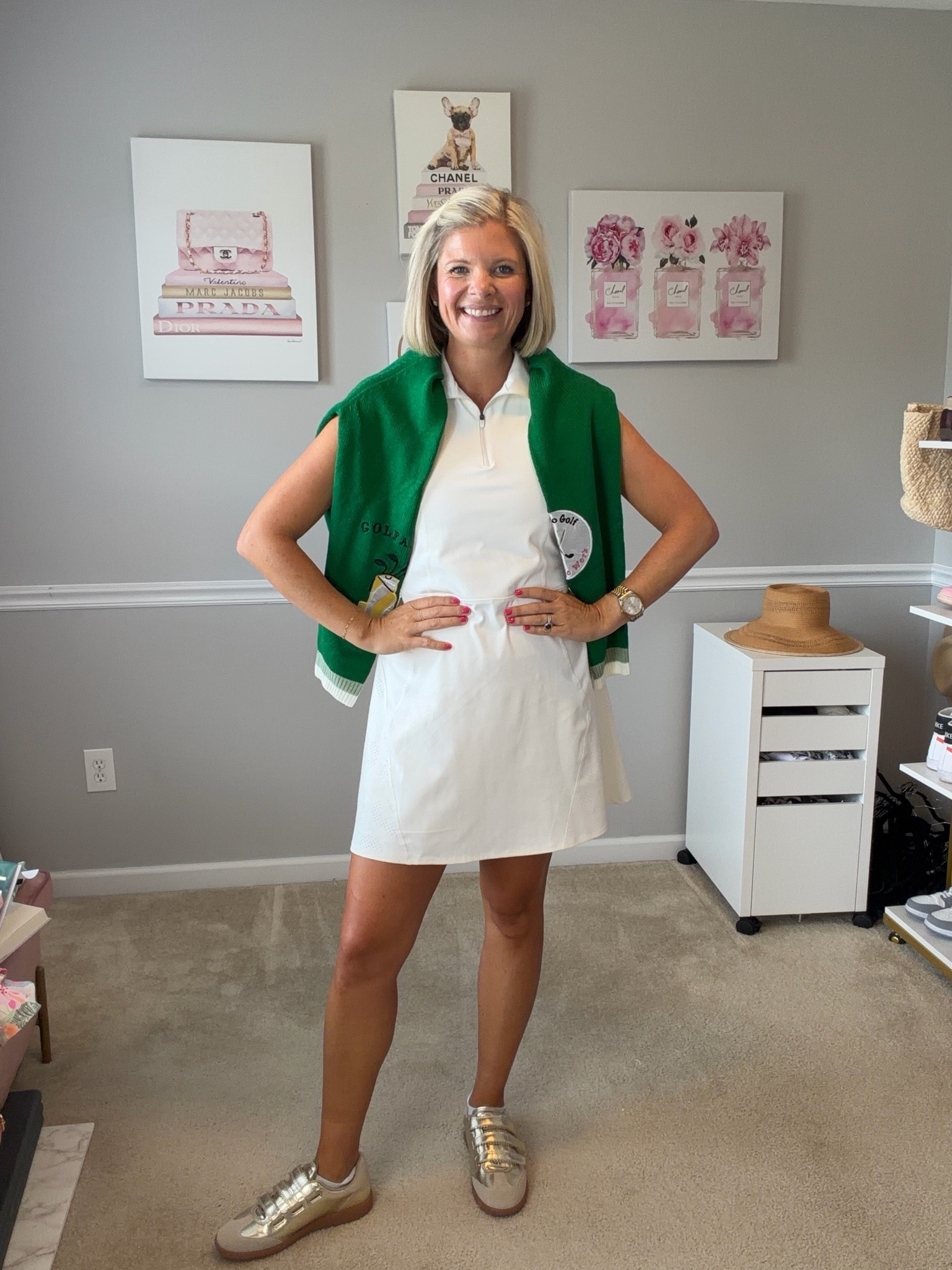 Green varsity golf cardigan TTS
Gold Velcro sneakers TTS
Golf and silver diamond pendant

#LTKMidsize #LTKActive #LTKOver40