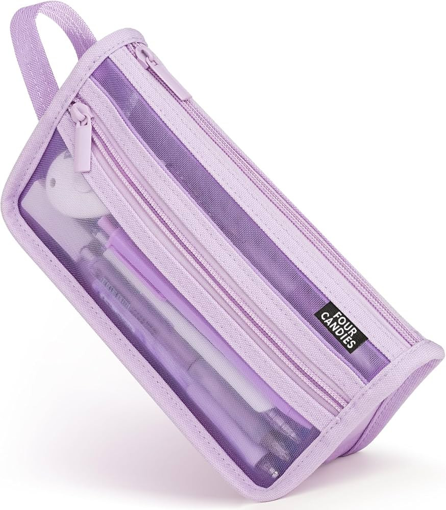 Four Candies Grid Mesh Pencil Case with Handle and Zipper, Clear Double-layer Pencil Pouch Marker Pouch, Travel Makeup Bag, Cute Transparent Stationary Organizer Pen Bag for Adult Office College | Amazon (US)
