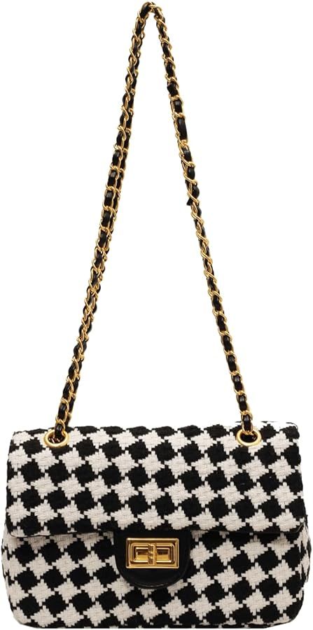 Houndstooth Chain Shoulder Cross body Bag for Women Handbag and purse Fashion Woolen Cloth Clutch | Amazon (US)