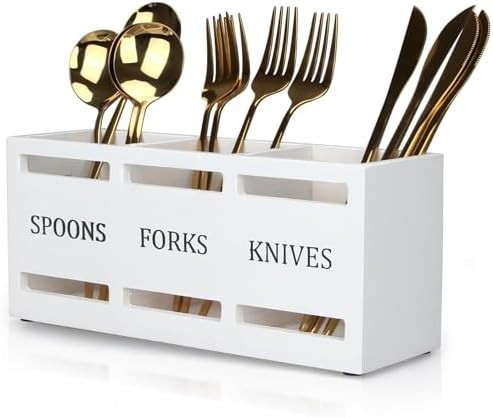 Wooden Silverware Cutlery Holder White Flatware Caddy Small Kitchen Utensil Holders for Party Woo... | Amazon (US)