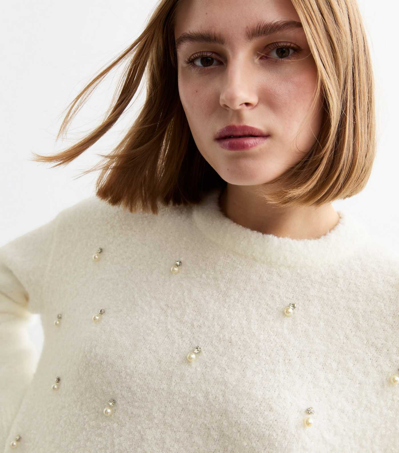Off White Faux Pearl Embellished Bouclè Jumper
						
						Add to Saved Items
						Remove from... | New Look (UK)