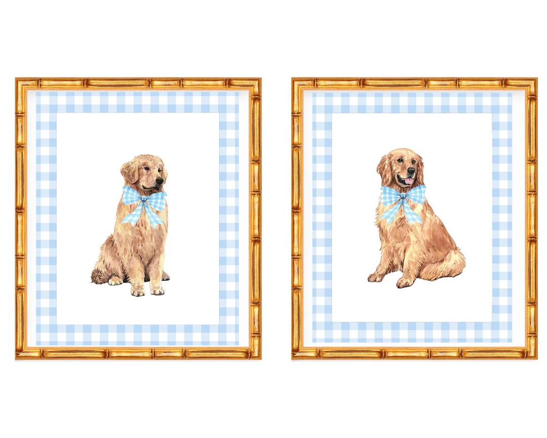 Two Art Prints Golden Retriever Labrador Puppy // Nursery // Bow // Grand Millennial //baby Boy /... | Etsy (US)