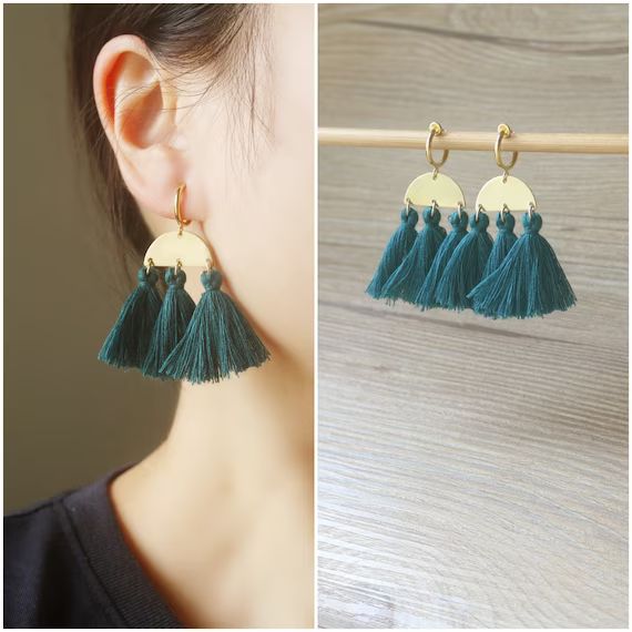 Raw Brass half circle charm Peacock Blue Tassel hoop clip on earrings, non pierced earrings, dang... | Etsy (US)