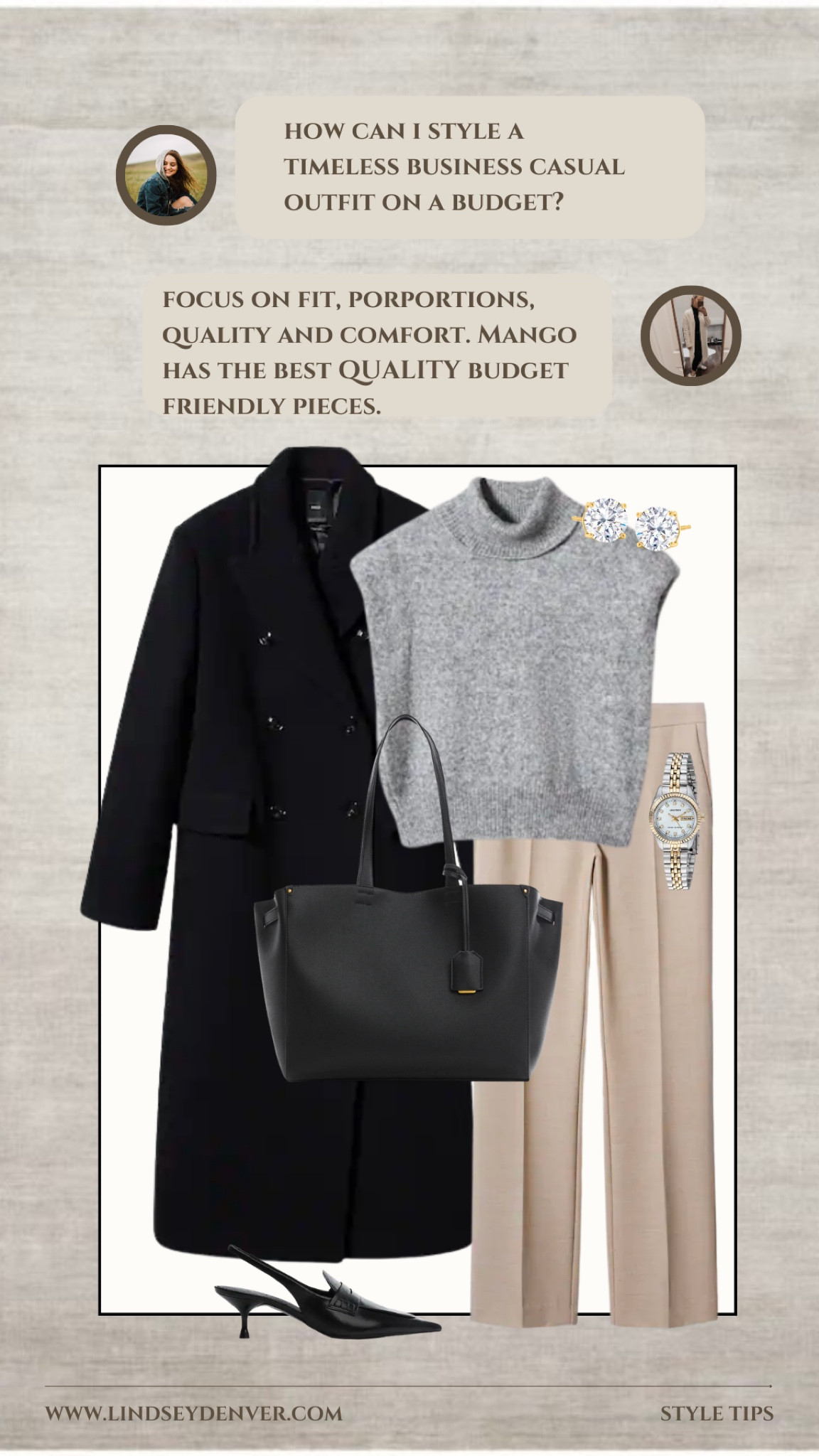 🤍Here are a few tips for styling a timeless business casual outfit on a budget:

Invest in quality, versatile basics such as a well-fitting button-up shirt, a tailored blazer, and a pair of khaki or navy pants. These items can be mixed and matched to create multiple outfits.

Look for sales and discounts when shopping for clothes. Many retailers have sales throughout the year, so it's worth waiting for a good deal before making a purchase.

Shop at second-hand or consignment stores. You can often find gently used clothing at a fraction of the cost of buying new.

Accessorize with simple, classic pieces such as a leather belt, a watch, and a pair of loafers or dress shoes. These items can elevate an outfit without breaking the bank.

Avoid trendy items that will quickly go out of style. Stick to timeless, classic pieces that you'll be able to wear for years to come.

Tailor your clothes to fit you perfectly. It's important to make sure that your clothes fit you well so you look put-together and polished.

"Helping You Feel Chic, Comfortable and Confident." -Lindsey Denver 🏔️ 

Minimalist fashion, simple clothing, mid-sized, minimal style, elegant, timeless, sophisticated," comfortable, stylish


Follow my shop @Lindseydenverlife on the @shop.LTK app to shop this post and get my exclusive app-only content!

#liketkit #LTKworkwear #LTKFind #LTKstyletip
@shop.ltk
https://liketk.it/40bwk
