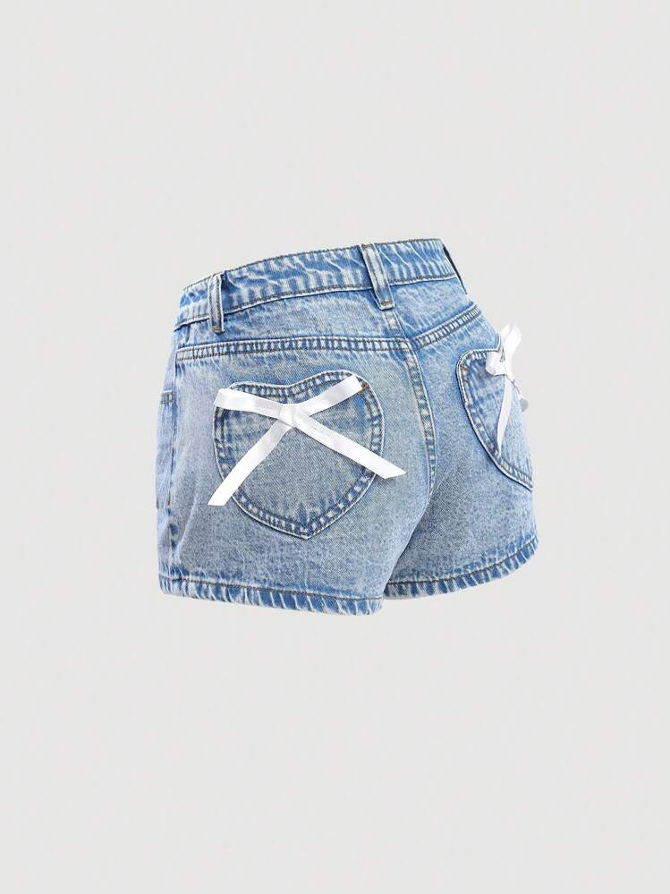 SHEIN Teen Girl Spring Summer Fashionable Ligh Stonewashed Embroidered Bowknot Denim Shorts, For Vacation Festival Casual | SHEIN