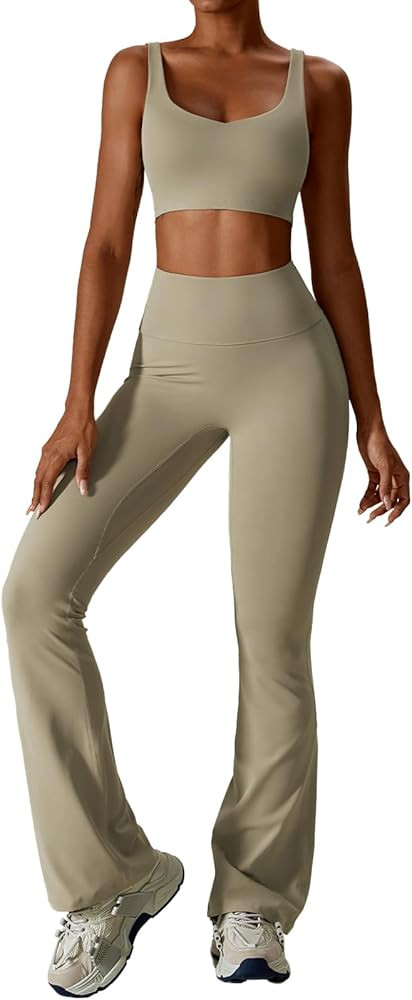 ABOCIW Workout Sets for Women V Neck Sports Bra Tank Scrunch Butt Lifting High Waist Flare Leggin... | Amazon (US)