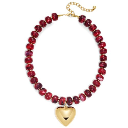 FAUTHENTICUTE Burgundy Red Beaded Choker Necklace for Women Gold Heart Pendant Statement Necklaces Trendy Western Boho Bead Necklaces Beach Summer Necklace Elegant Heart Choker for Women | Amazon (US)