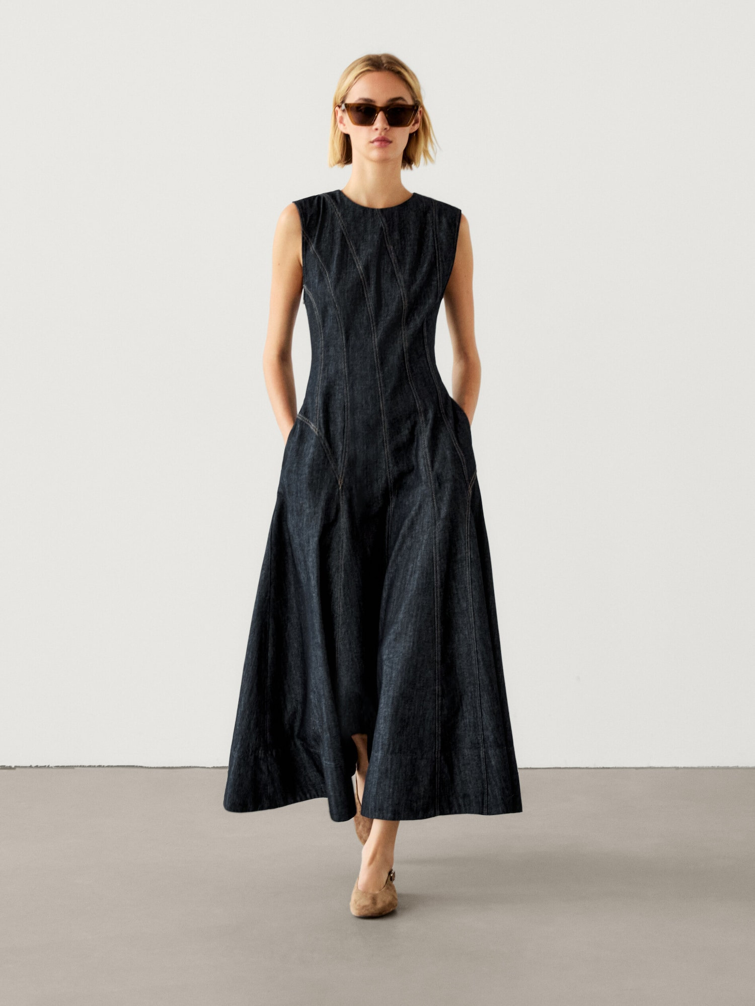 Pleated denim-effect cotton dress | Massimo Dutti UK