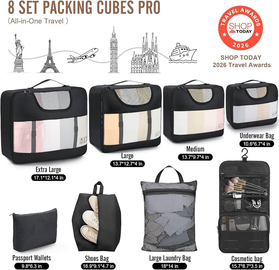 Veken 10 Set/8 Set Packing Cubes for Travel Essentials,Anti-Wrinkle Buckled Suitcase Organizer fo... | Amazon (US)