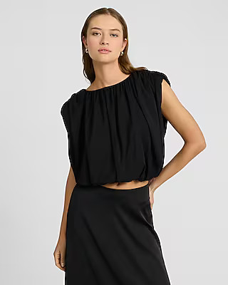 Crew Neck Cap Sleeve Pleated Top | Express