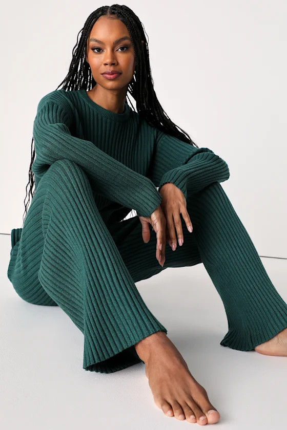 Ready to Cuddle Emerald Green Ribbed Knit Wide-Leg Pants | Lulus (US)