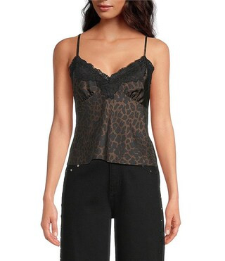 Gianni Bini Faye Leopard Print V-Neck Sleeveless Satin Lace Detail Top | Dillard's | Dillard's