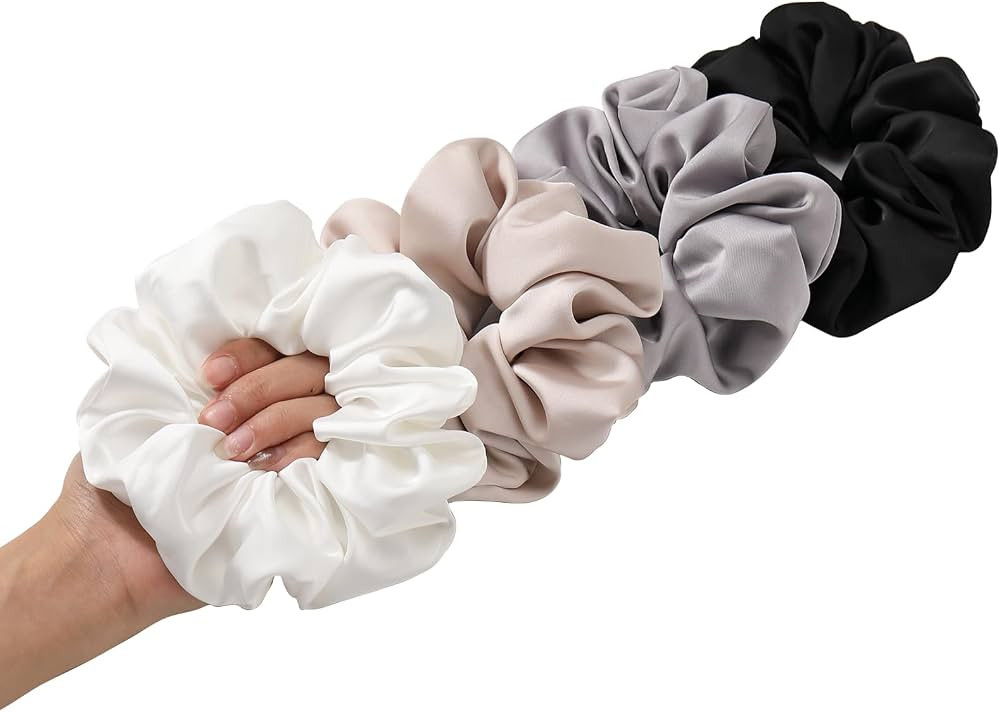 4PCS Large Satin Silk Scrunchies for Women - Big Glossy Scrunchie for Thick Hair Girl Hair Ties P... | Amazon (US)