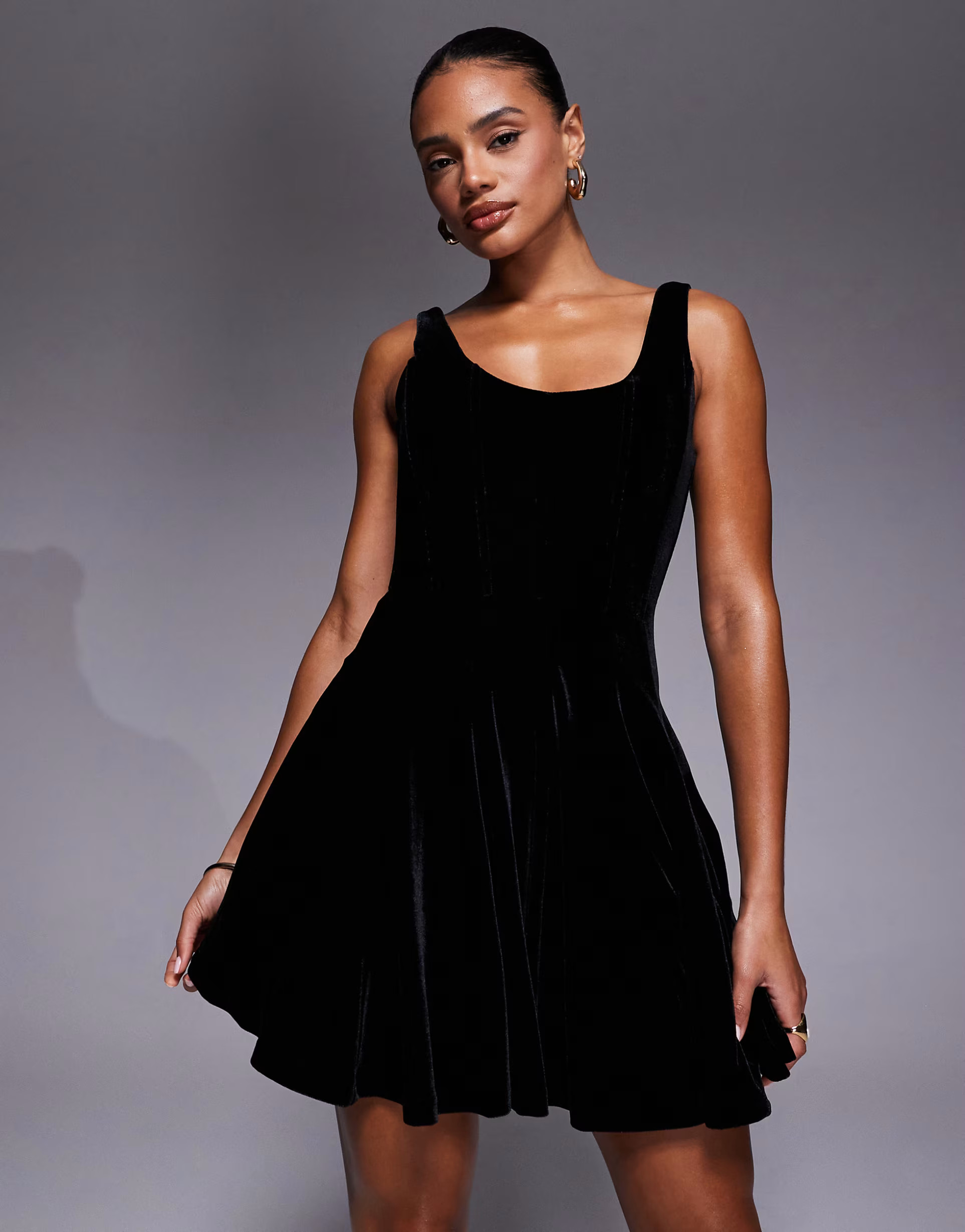 Rare London premium velvet scoop neck pleated skirt skater mini dress in black | ASOS (Global)