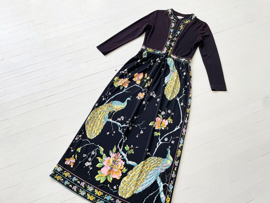 1970s Maurice Black Peacock Print Maxi Dress – Long Sleeve Floral Jersey Gown With Border Trim,... | Etsy (US)