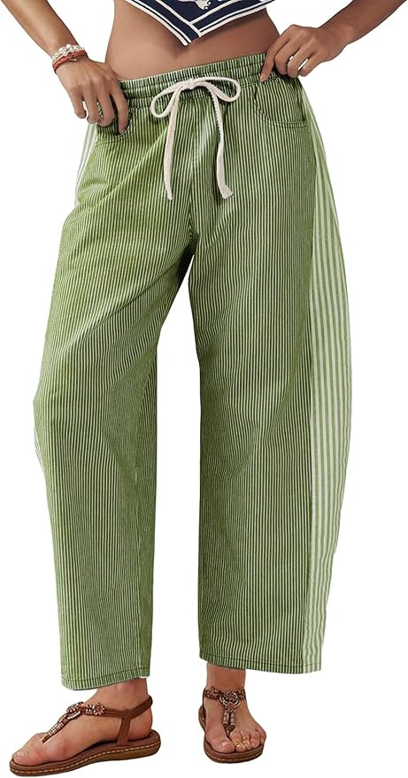 SCUSTY Women's Baggy Wide Leg Jeans Mid Rise Barrel Denim Ankle Pants Casual Striped Pull On Draw... | Amazon (US)