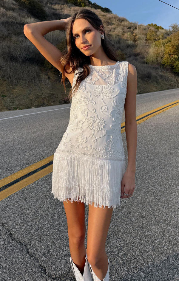 Cyrus Mini Dress ~ White With Fringe | Show Me Your Mumu