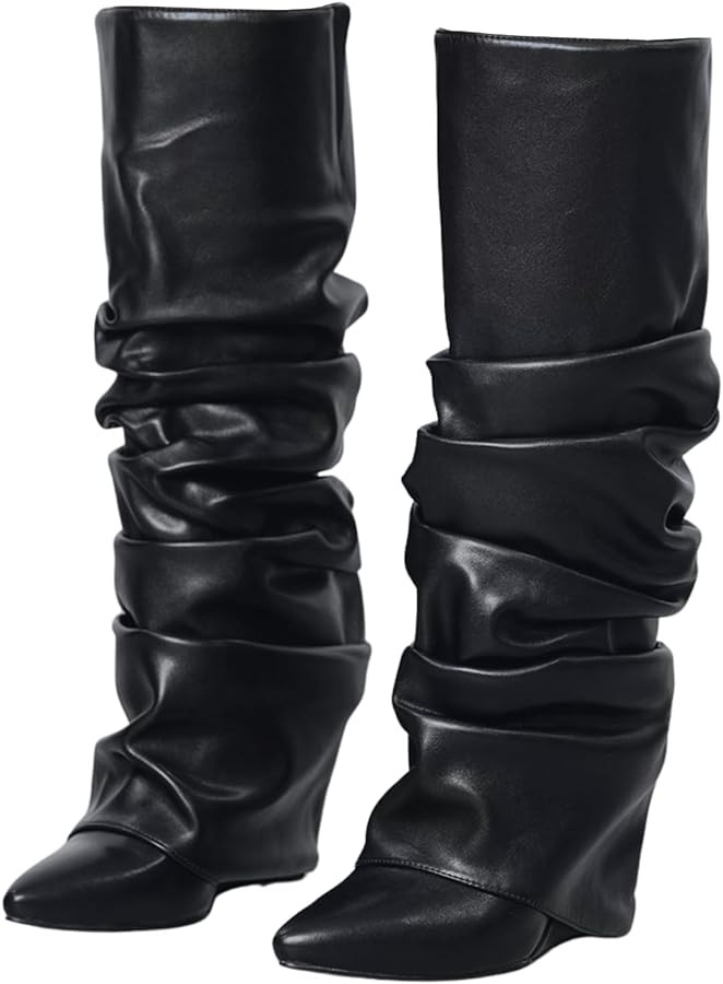 Yishaweiqi Slouched Ruched Fold Over Boots for Women Covered Wedge Heel Patent Leather Knee High ... | Amazon (US)