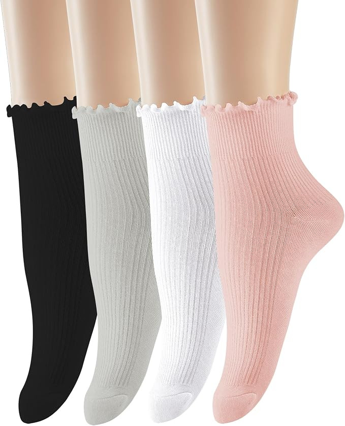 UTTPLL Womens Ruffle Casual Lettuce Socks Lovely Double Needle Ankle Boot Socks Athletic Soft Cot... | Amazon (US)