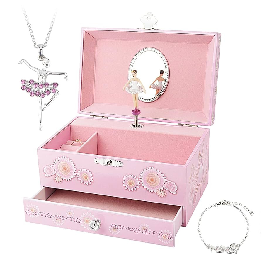RR ROUND RICH DESIGN Kids Musical Jewelry Box for Girls with Drawer and Jewelry Set with Ballerin... | Amazon (US)