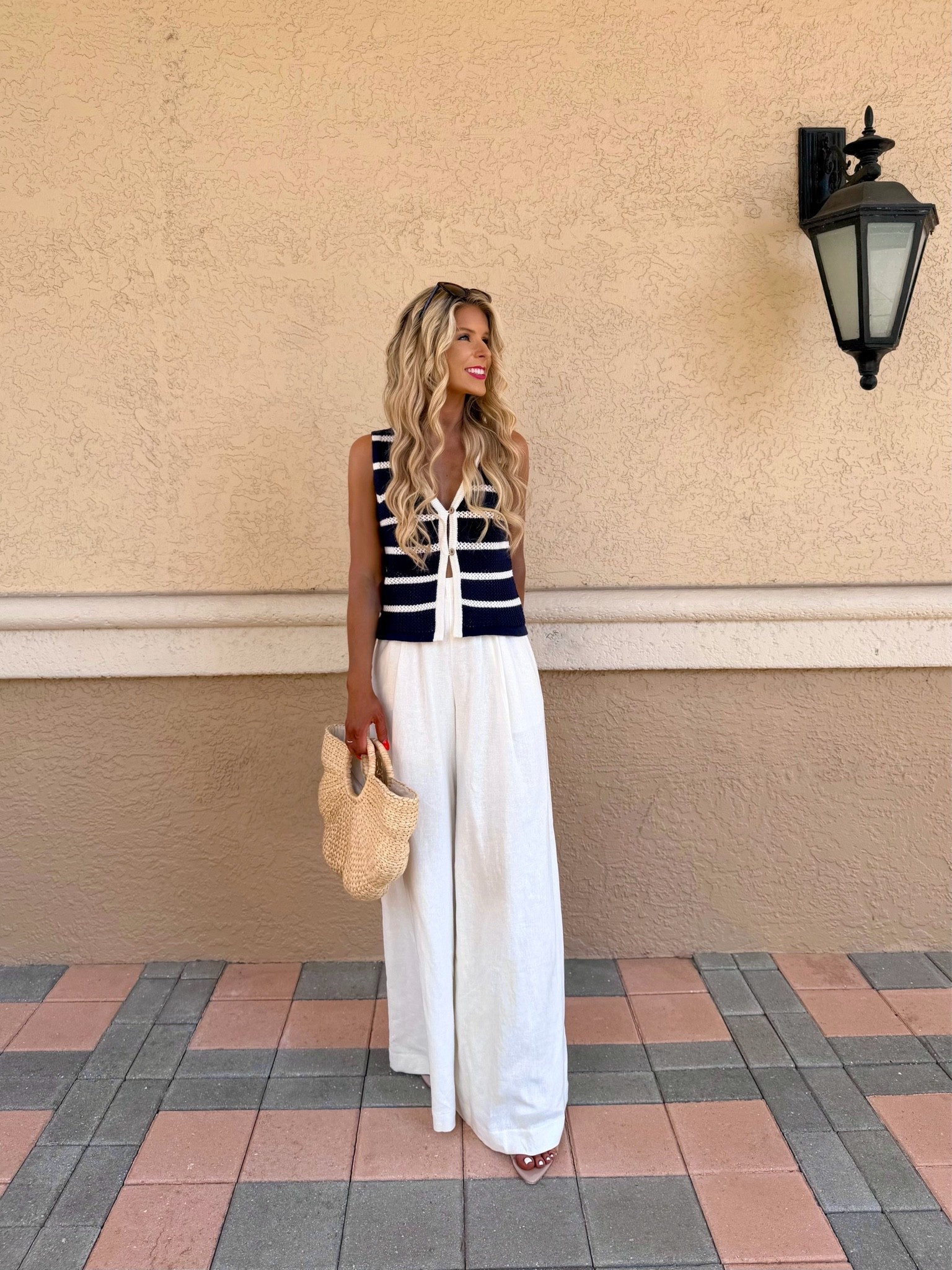 Summer Outfit or Vacation Outfit from @Express on SALE now! This navy striped vest top pairs perfectly with the highwaisted white pants for a relaxed coastal outfit. 

 Highwaisted pants, linen pants, highrise pants, summer pants, wide leg pants, palazzo pants, Fourth of July outfit, beach outfit, summer fashion trends 2026
#sponsored #DressToExpress #ExpressPartner #gifted

#LTKootd #LTKSaleAlert #LTKSeasonal
