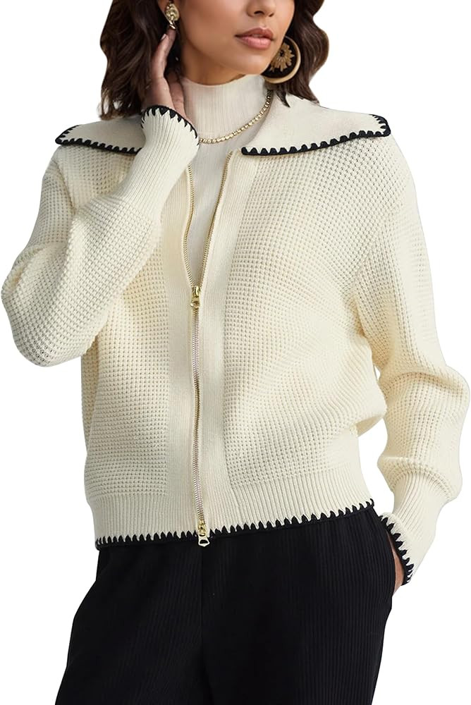 Womens Fall Collared Sweaters Zip Up Loose Fit Long Sleeve Contrast Trim Casual Full Zip Wide Lap... | Amazon (US)