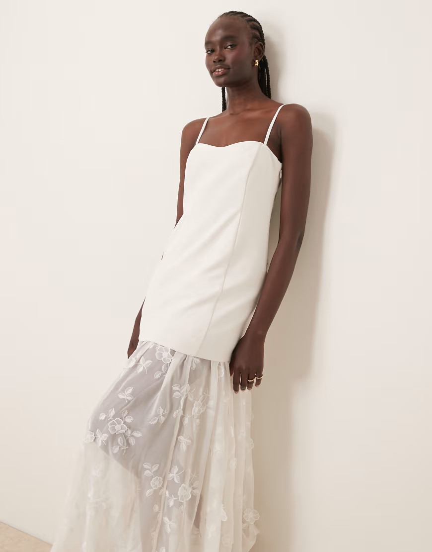 Abercrombie & Fitch bridal sheer skirt applique lace maxi dress in off white | ASOS (Global)