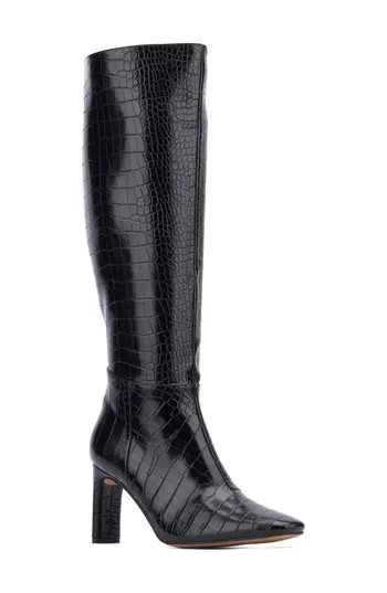 NEW YORK AND COMPANY Isabelle Croc Embossed Knee High Boot in Black Croc at Nordstrom Rack, Size 11 | Nordstrom Rack
