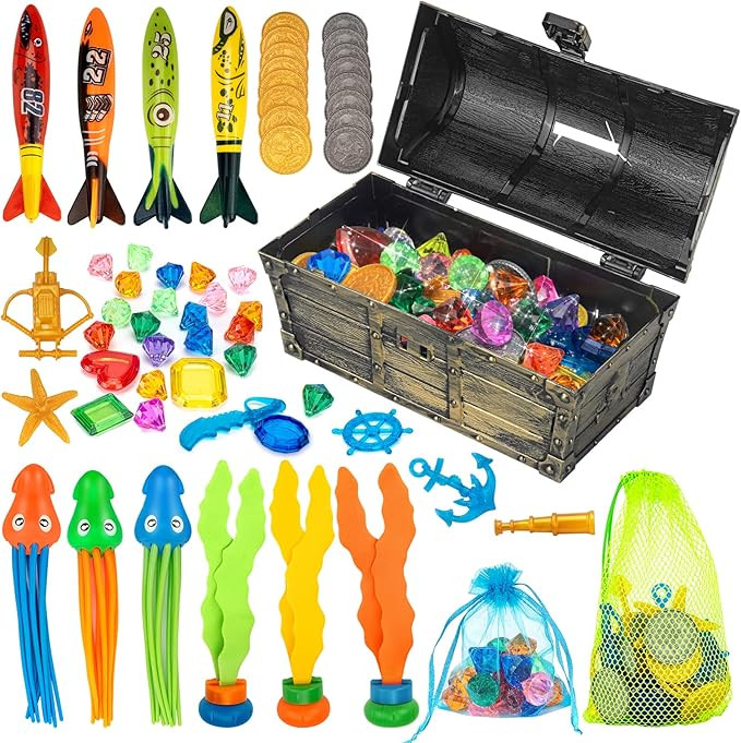 FINGUARD Pool Toys, 58Pcs Diving Toys, Exquisite Dive Toys with Pool Treasure Chest, Pool Torpedo... | Amazon (US)