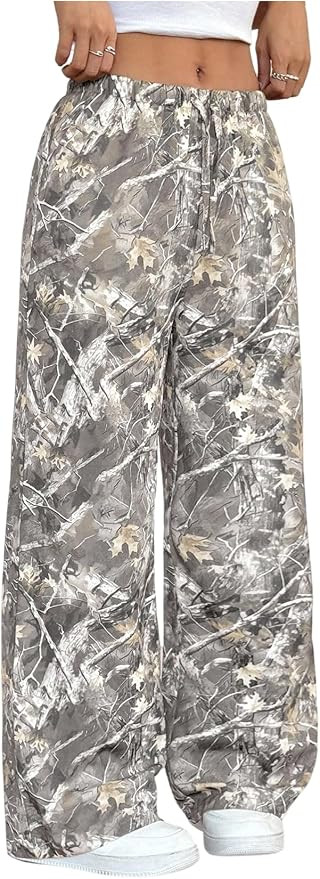 OYOANGLE Girl's Camo Pants Wide Leg Y2K Elastic Drawstring Waist Loose Fit Long Trousers | Amazon (US)