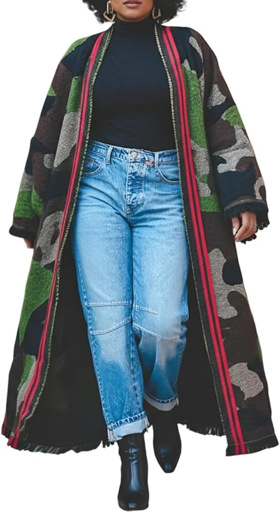 Seltaon Camo Long Cardigan Sweaters for Women Open Front Fall Knit Camouflage Cardigans Sweater C... | Amazon (US)