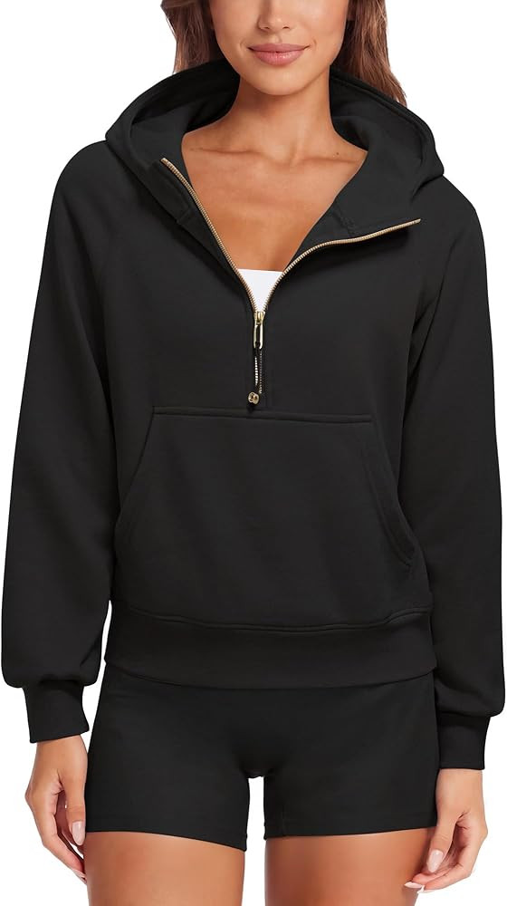 SUUKSESS Women Gold Half Zip up Cotton Hoodies Casual Pullover Sweatshirt | Amazon (US)