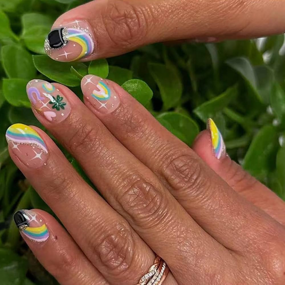 St. Patrick's Day Press on Nails - Short Oval Fake Nails with Shamrock & Rainbow Designs, Gold Gl... | Amazon (US)