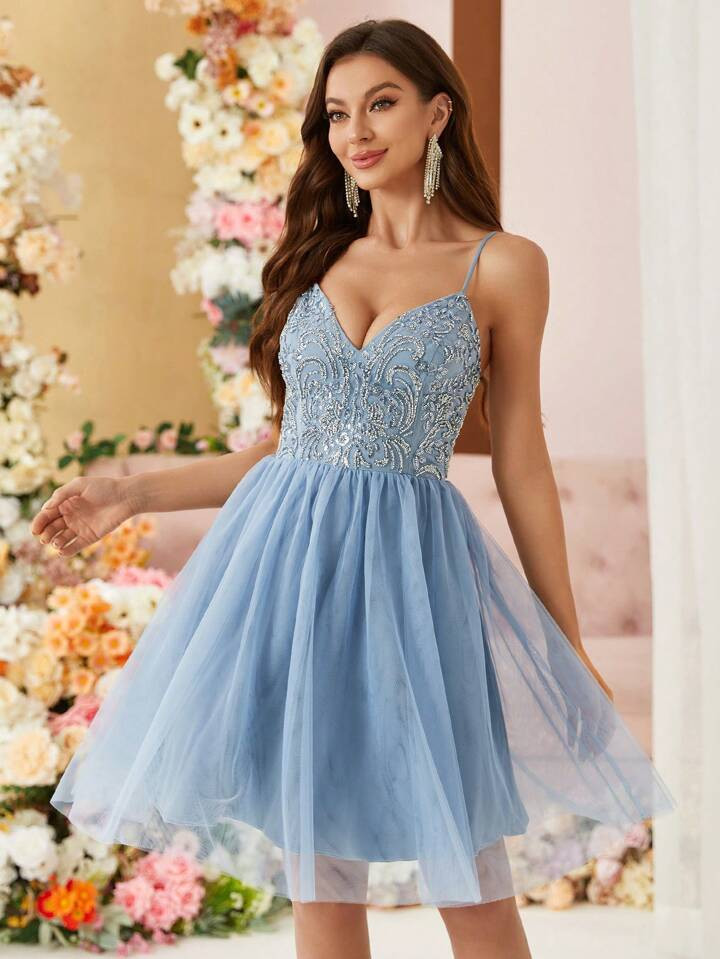 SHEIN Belle Sequined Backless Mesh Spaghetti Strap Party Dress | SHEIN