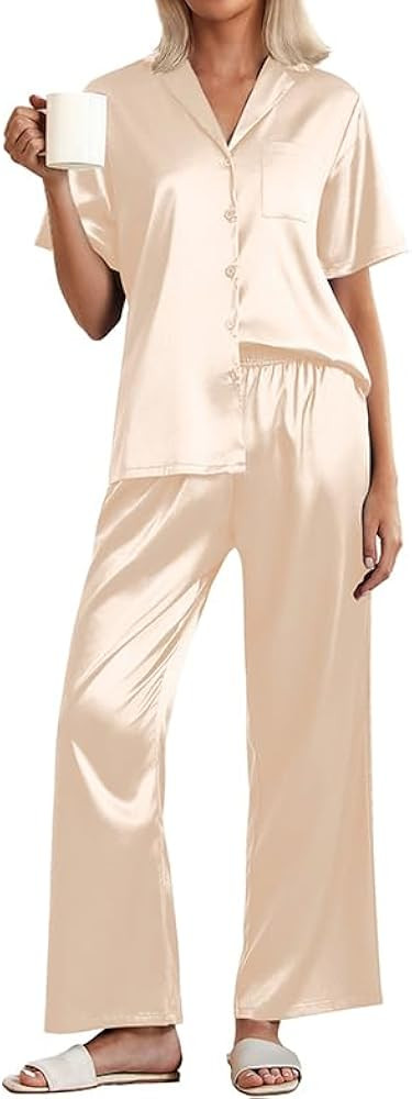 Ekouaer Womens Silk Pajama Sets Short Sleeve Button Down Shirt with Long Pants Soft Sleepwear Sat... | Amazon (US)