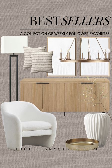 Weekly Best Sellers Home: furniture and decor from Walmart, Target, Amazon, Pottery Barn, West Elm. White accent chair, fluted sideboard, gold chandelier, accent pillows, floor lamp, wall art.

#LTKhome #LTKstyletip

#LTKSeasonal