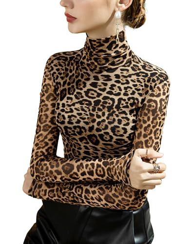 Women's Leopard Print High Neck Top, Long Sleeve, Fitted Pullover Baselayer, Lightweight (US, Alpha, X-Large, Regular, Regular, Leopard Print) | Amazon (US)