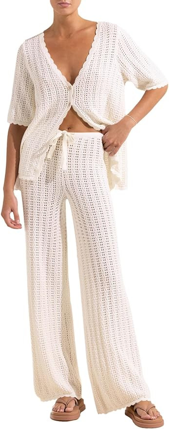 Imily Bela Women's Summer 2 Piece Swimsuit Cover up Crochet Knit Cardigan Tops Long Pants Set Bat... | Amazon (US)
