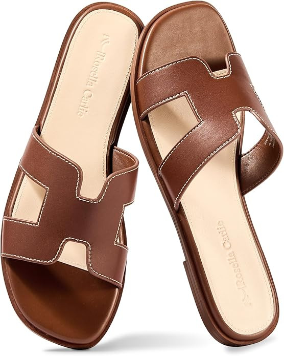 Rosella Carlie Leather Sandals for Women - Fashion Flat Womens Sandals with Memory Foam Insole - ... | Amazon (US)