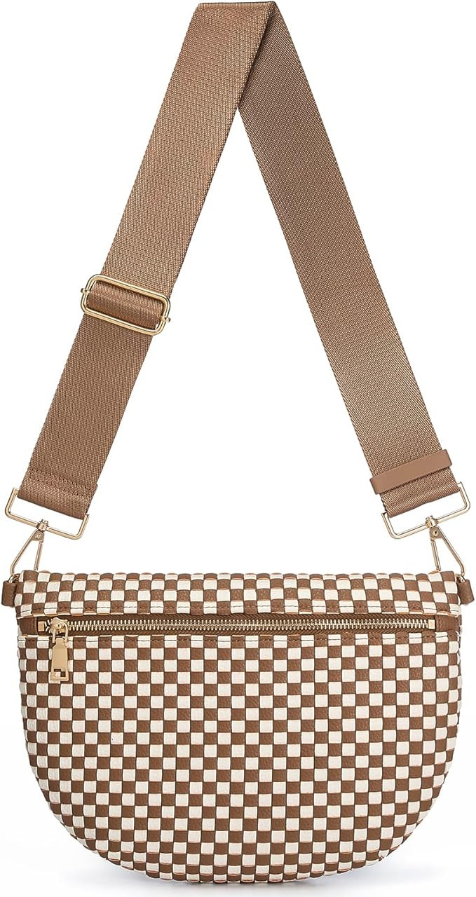 Woven Crossbody Bags For Women, Checkered Fashion PU Bum Bag Waist Pack, Travel Sling Purse with ... | Amazon (US)