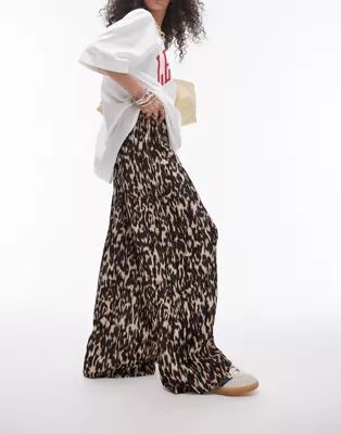 Topshop abstract leopard crinkle plisse wide leg pants in brown | ASOS (Global)