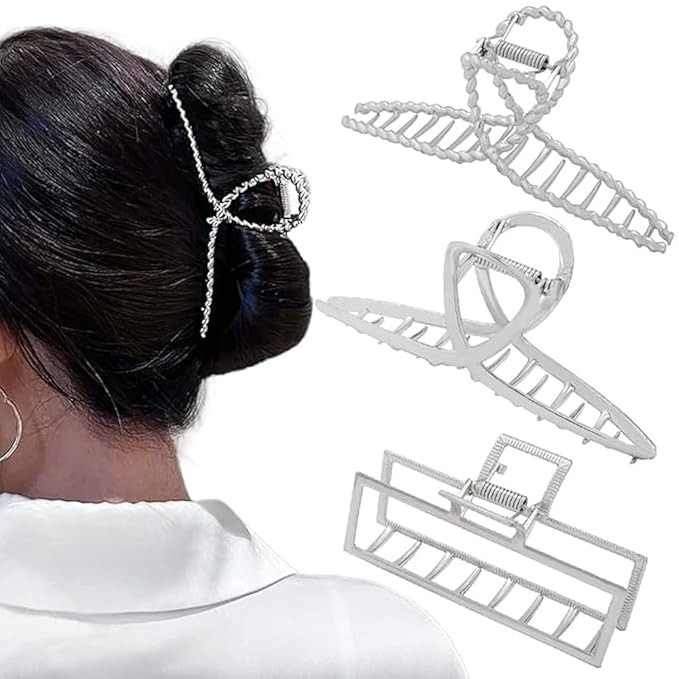 3pcs Hair Claw clips for Women, Metal Silver Large Hair clips for Thick Thin Hair, Geometric Cros... | Amazon (US)