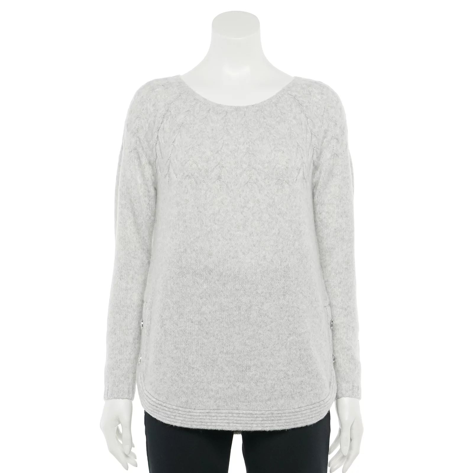 Petite Croft & Barrow Side-Button Cable Crewneck Sweater, Women's, Size: XL Petite, Light Grey | Kohl's