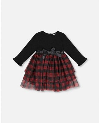 Girl Bi-Material Black Long Sleeve Dress With Tulle Skirt Buffalo Plaid - Child | Macy's