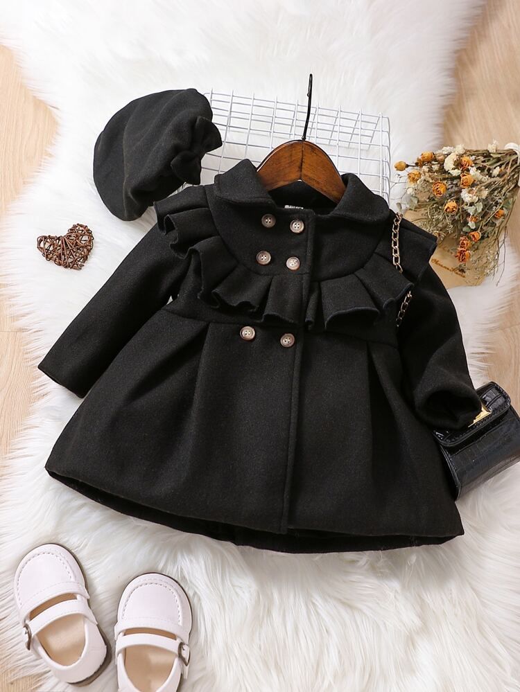 Baby Ruffle Trim Double Breasted Coat & Hat | SHEIN