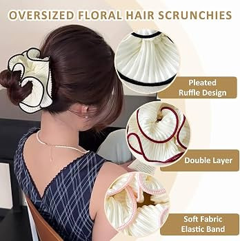 4 Pack Oversized Puffy Hair Scrunchies, 4.72 Inch Double Layer Pleated Ruffle Design, White with ... | Amazon (US)