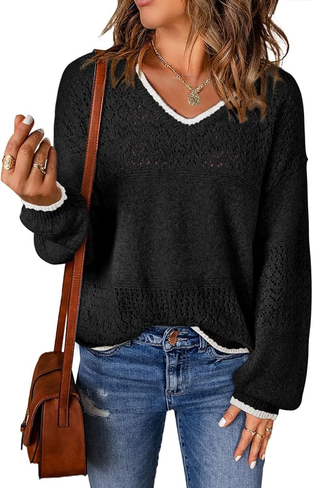 SHEWIN Womens Sweaters Casual Long Sleeve V Neck Lightweight Crochet Pullover Sweater Tops | Amazon (US)